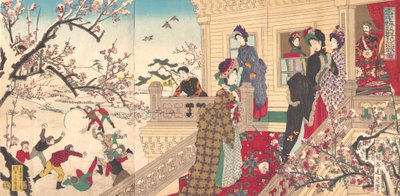 Bambini che Giocano nella Neve sotto Prugni in Fiore, 1887 da Toyohara Chikanobu